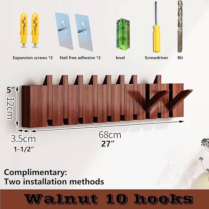 Wall Mounted Piano Key Hanger | Flip Style Hook | Entrance Wall Art Hook, Made of Oak Wood (3 Times Painted, 4 Times Polished) (Walnut, 10Hooks)