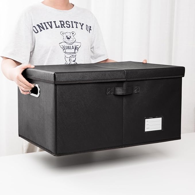 PRANDOM Collapsible Storage Box with Lid [3-Pack] Leather Fabric Foldable Storage Bin Organizer Container Basket Cube with Cover for Home Bedroom Closet Office Nursery Black(22.8X15.7X11.8)