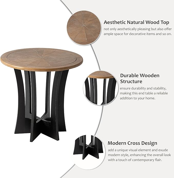 Farmhouse Round End Table with Criss-Cross Wood Legs