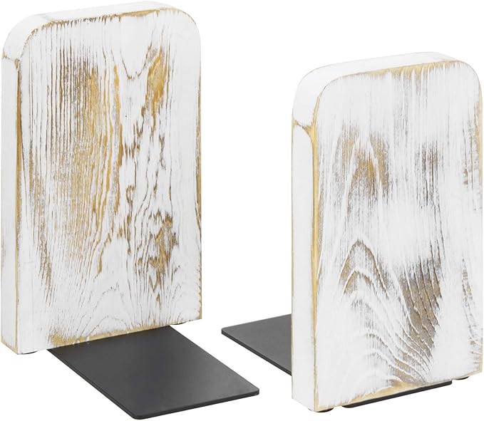 MyGift Whitewashed Wood Desktop Bookends, Decorative Bookshelf Display Organizers Office Book Shelf Decor, 1 Pair