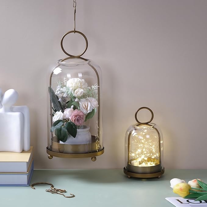 6" & 4" Versatile Modern Metal Hurricane Lantern in Set of 2 with Handmade Sturdy Glass Dome for Pillar Candle & Plants (Brass, 4"x7.5" &6.3"x11.2")