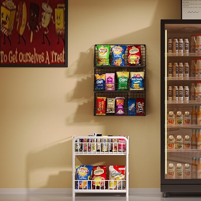 X-cosrack 3 Tier Large Stackable Snack Organizer - Versatile Wall Mounted Wire Storage Basket with Divider for Candy Chip Cans Bars - Ideal for Pantry Office Home