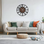 Maxstar Large Round Wall Clock for Living Room Decor Battery Operated Non Ticking Black Metal Wood Clocks for Home Living Room Garden Farmhouse Office Kitchen Decoration -24 inch