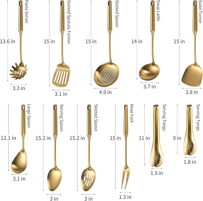 304 Stainlss Steel Matte Kitchen Utensils Set, 11 Pcs Long Metal Cooking Utensil Gadgets Tools Set with Spatula, Spoon, Ladle, Skimmer, Tunner, Pasta Server, Tongs(Gold, Dishwasher Safe)