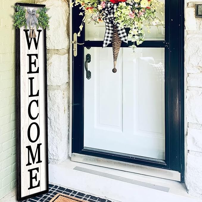 Surfapans Welcome Sign for Front porch Standing 45"X9"Large Wood Frame Outdoor Tall Welcome Signs Vertical Decor for Farmhouse Rustic Home Modern Outside Front Door Wall Decorations (Black)
