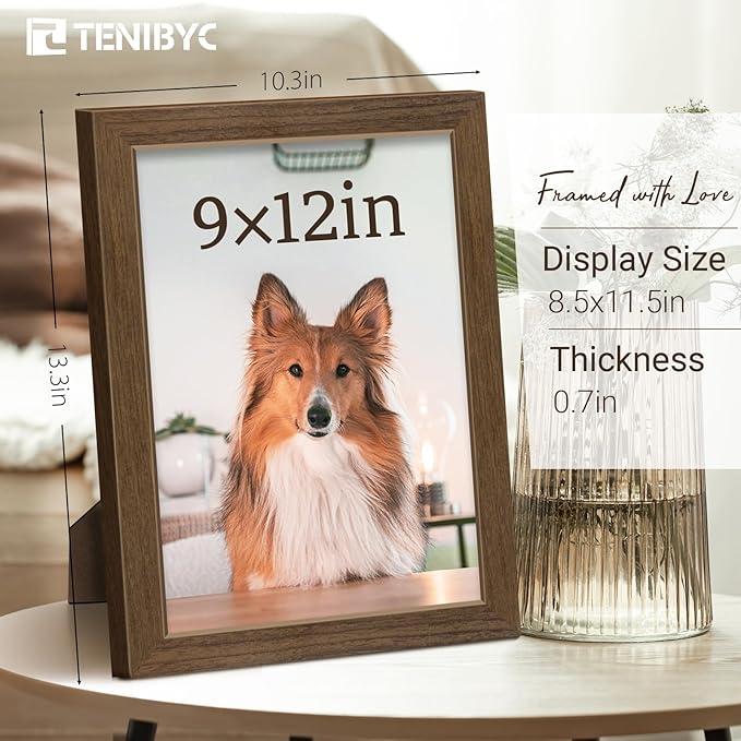 9x12 Frame 3 Pack - Brown Woodgrain, 9 x 12 Picture Frame for Photos, HD Tempered Glass, Tabletop or Wall Display