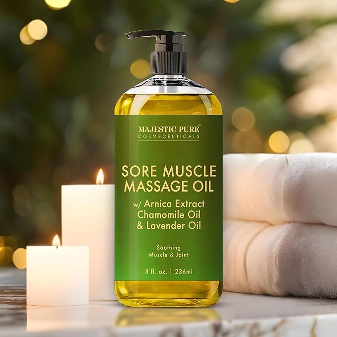 MAJESTIC PURE Arnica Sore Muscle Massage Oil for Massage Therapy - Refreshing, and Relaxing - Natural Oils with Lavender & Chamomile Essential Oils - for All Skin Types - Men and Women - 8 fl oz