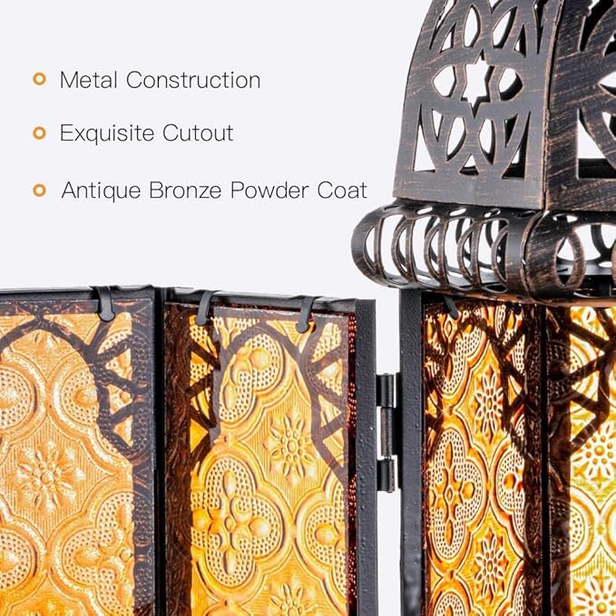 NEEDOMO 12.8'' Moroccan Lanterns Decorative Indoor & Outdoor, Vintage Christmas Candle Holder, Metal Lanterns Decorative, Table, Patio, Porch, Shelf, Christmas Spring Halloween Home Decor (Amber)