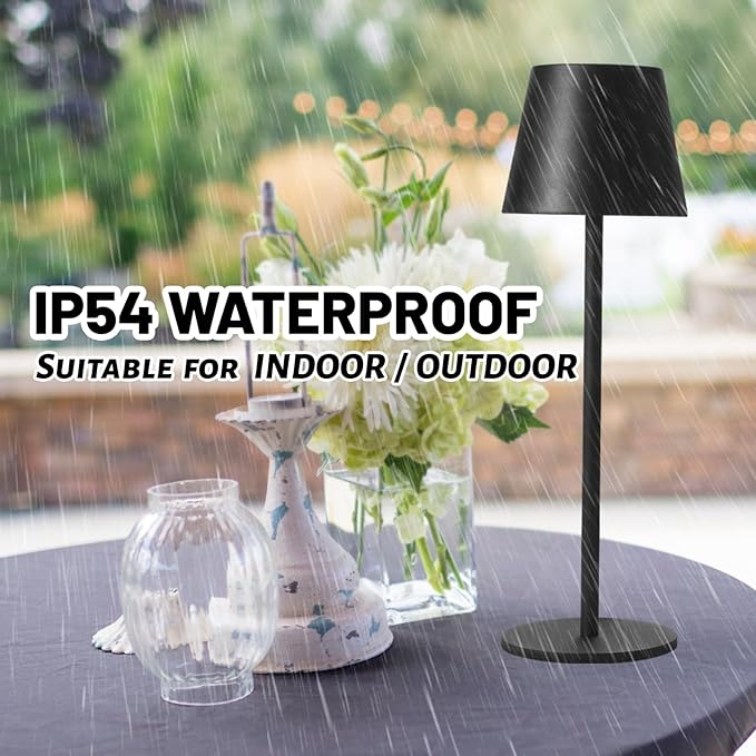 Maksone 2 Pack LED Cordless Table Lamp, 6600mWh Rechargeable Battery Desk Lamp, 3000K Stepless Dimming Night Light, IP54 Waterproof Metal Outdoor Portable Lamp for Restaurant, Patio (Black)