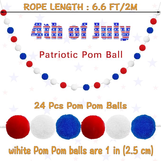 Jishi Pom Pom Garland 4th of July Decorations, Patriotic Red White Blue Felt Ball Garland, 3-Pack 6.6ft Long 24 Cute Pompom Balls String, Christmas Tree Decor Ornaments for Home Birthday Holiday Party