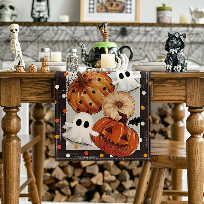 Artoid Mode Jack-O'-Lantern Pumpkin Ghost Spider Web Halloween Table Runner,Holiday Kitchen Dining Table Decoration for Home Party Decor 13 x 60 Inch