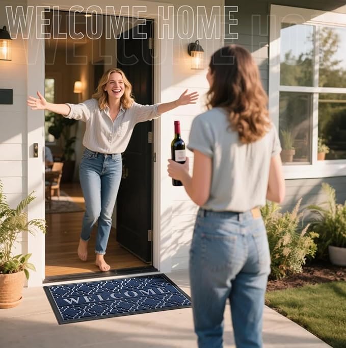 Yimobra Welcome Matt Outdoor Indoor 29.5x17, All-Weather Waterproof Front Door Mat, Non-Slip Low Profile Porch Patio Entrance Doormat, Blue