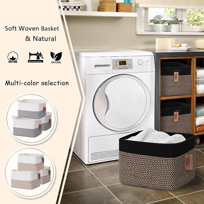 COMFY-HOMI 3PACK Cotton Rope Square Basket with Handles for Shelves|Dog Toy Bin and Storage|Baby Gift|Shoe Organizer|New 13.5" x 11" x 9.5" for Living Room (Black/Jute)