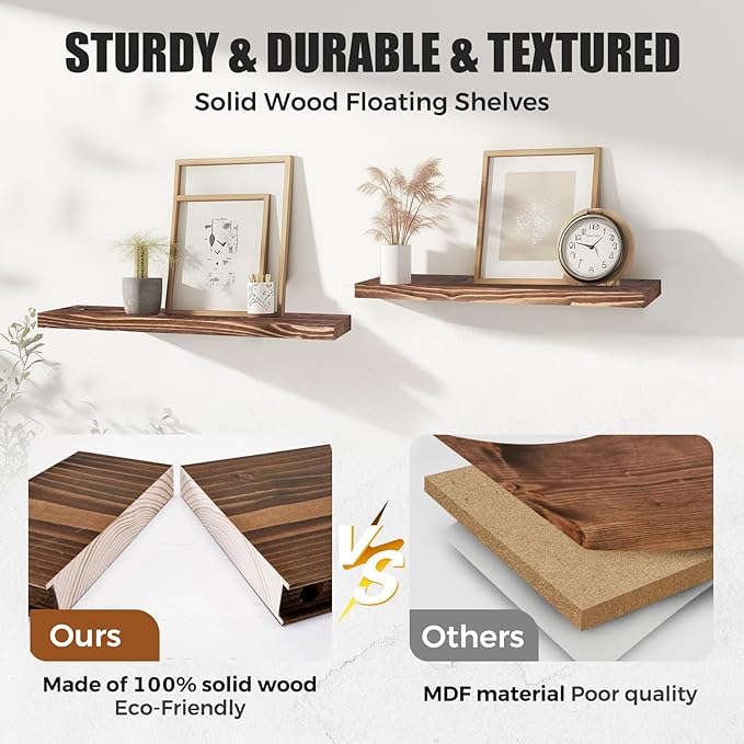 Floating Wall Shelves 2-Pack - Rustic Brown 16-inch Wooden Wall Shelves for Storage and Décor, Multi-Functional and Easy to Install for Living Room, Bedroom, and Kitchen