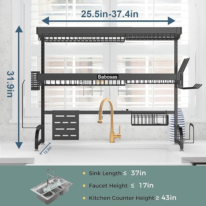 Over The Sink Dish Drying Rack,3 Tier Adjustable Length (25.5'' to 37.4'') Full Stainless Steel Large Storage Kitchen Dish Rack,for Kitchen Counter Expandable Multifunctional Organizers,Black