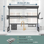 Over The Sink Dish Drying Rack,3 Tier Adjustable Length (25.5'' to 37.4'') Full Stainless Steel Large Storage Kitchen Dish Rack,for Kitchen Counter Expandable Multifunctional Organizers,Black