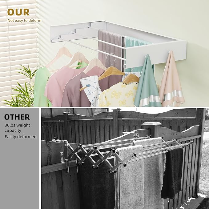 Wall Mounted Drying Rack for Laundry 19.8'', Folding Drying Rack Clothing Wall Mount with 3 Rods and 4 Hooks, Space Saving for Indoor Outdoor Bathroom Balcony (White, 19.8'')