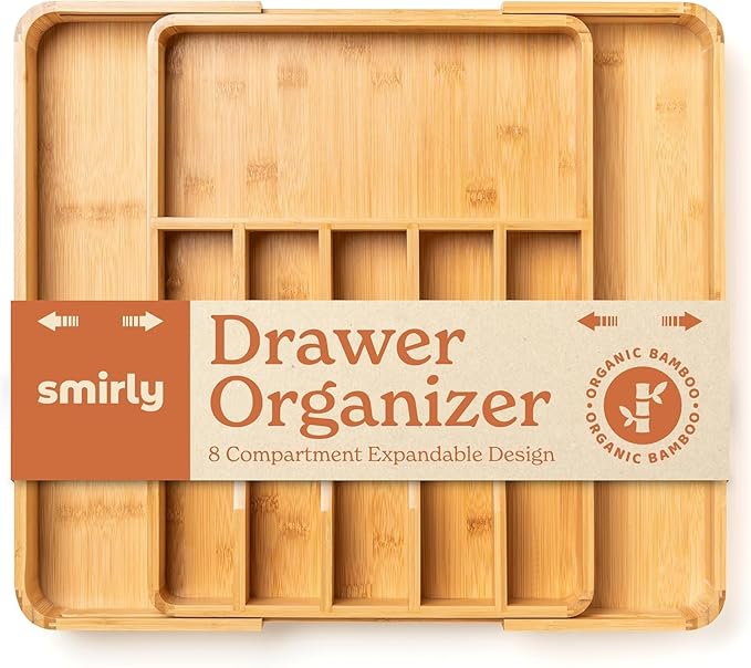 SMIRLY Silverware Drawer Organizer – Bamboo Kitchen Drawer Organizer, Adjustable Utensil Holder and Cutlery Tray, Drawer Dividers for Flatware and Kitchen Utensils