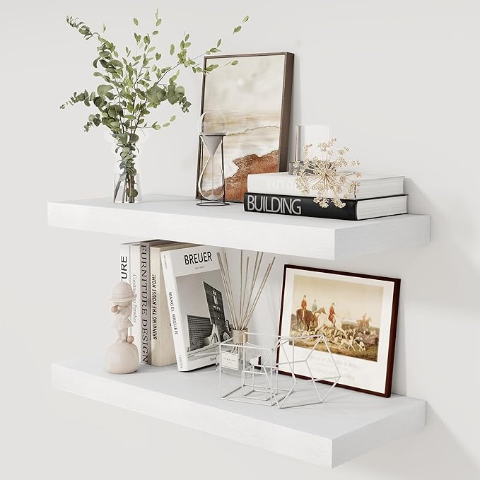 Fun Memories White Floating Shelves 30x 12 Inch, Deep Floating Shelf Wall Mounted, 12" Deep Wall Shelves for Books, Bathroom, Bedroom, Kitchen, Thicked Shelves for Home Storage & Display, Set of 2