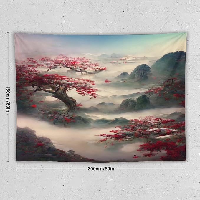 Japanese Tapestry, Red Plum Cherry Blossom Mountain, Nature Landscape, Bedroom & Living Room Decor, 80"x60"