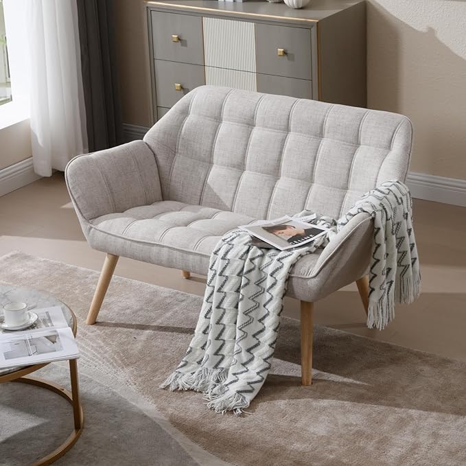 48”Small Loveseat Sofa, Modern Linen Upholstered Mini Couch 2-Seater Fluffy Love Seat with Quilting Backs and Wood Legs for Small Space Living Room, Bedroom, Beige