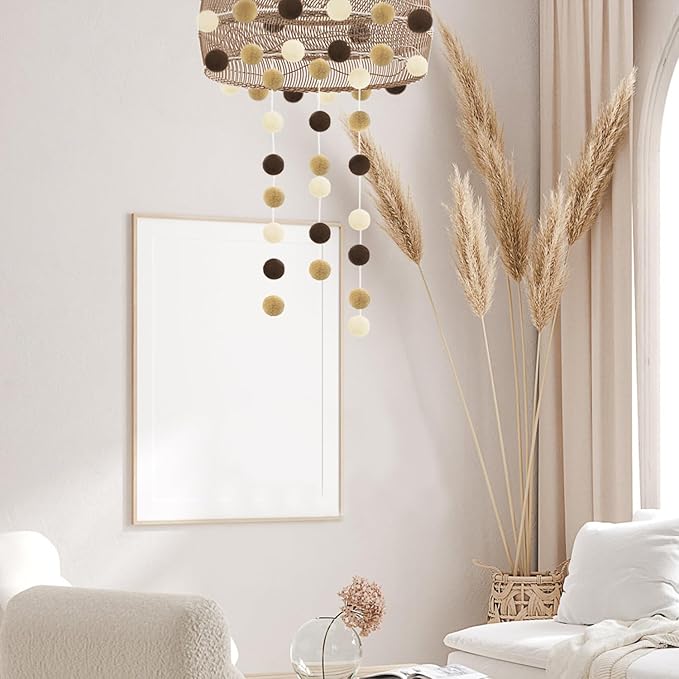 Jishi Pom Pom Garland Boho Party Decorations, 3-Pack Brown Khaki Beige Felt Ball Garland Cute Pastel Rainbow Pompom Strings, Christmas Birthday Wedding Rustic Boho Home Decor Supplies, Xmas Tree Decor