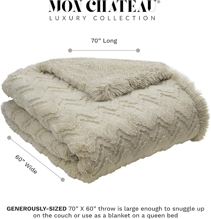 Mon Chateau Premium Reversible Queen Size Luxury Faux Fur Throw for Couch, Sofa, or Queen Size Bed - Plush Cozy Soft Blanket for Sleeping or Home Décor, 60" x 70" (Beige Jacquard)