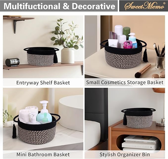 Decorative Small Gift Basket Empty – SweetMemo Cute Woven Rope Organizer Baskets for Desk, Bedside, Bathroom, Key, Round Boho Decor Cotton Bin with tassel, Gift Bag, Ribbon – Rustic Black Brown