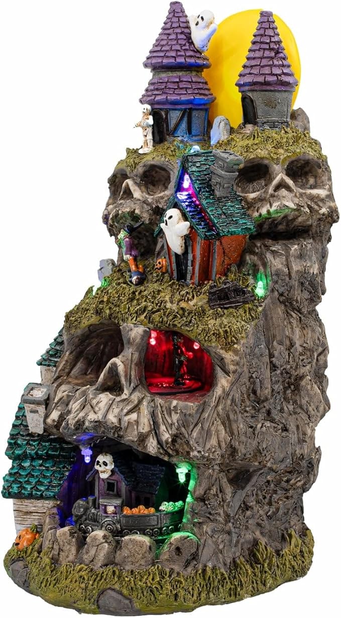 Skullstone Hollow Skull Theme Spooky Halloween Village Multi-Color LED Lights, Animated Motion and Music 7.75" x 7.5" x 13.5"