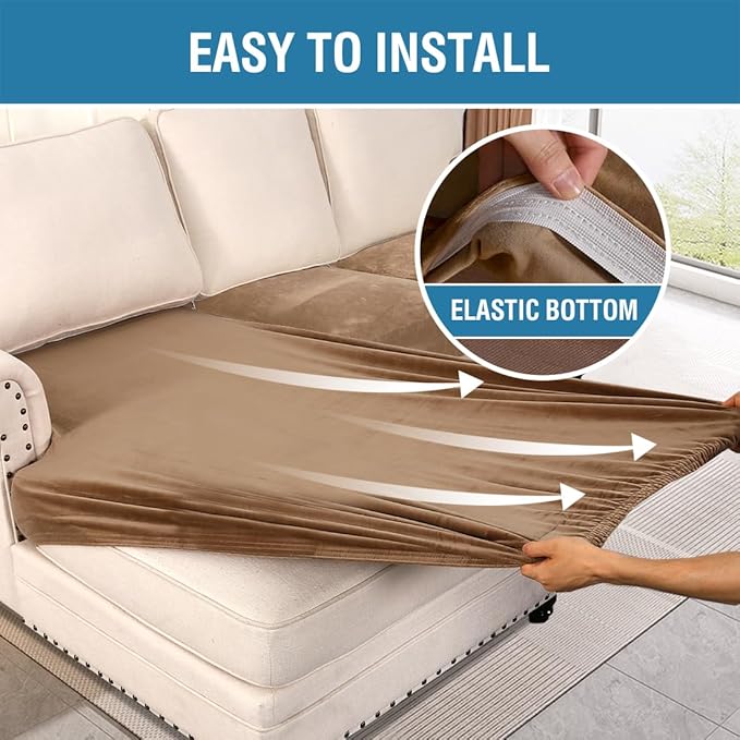 H.VERSAILTEX Velvet Stretch Sectional Couch Cover - 4 Pieces for L Shape Sofa With Separate Seat Cushion Covers - Fits Both Left/Right Sectional (Large 3 Seater + 1 Chaise, Camel)