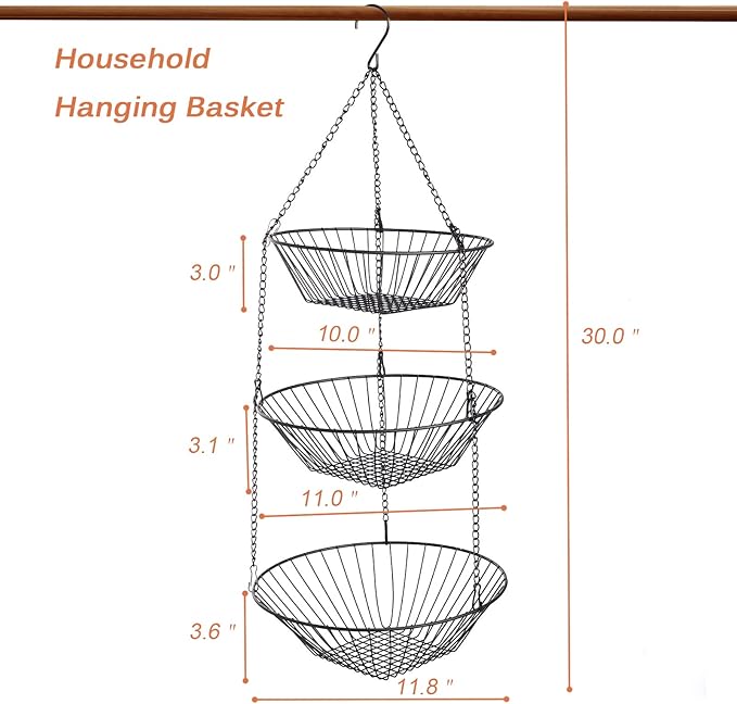3-Tier Wire Fruit Hanging Basket 2 Packs,non-Punching Wall Hanging Storage,Kitchen Bathroom Organization Basket,Suitable for Bathroom,Kitchen,Closet,Garden,Black