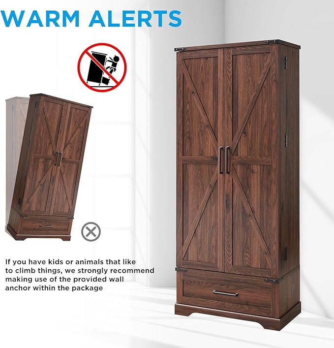 72‘’ Farmhouse Kitchen Pantry Cabinet with Drawer, Tall Storage Cabinet with 2 Barn Doors and Shelves, Versatile Large Rustic for Dining Room, Bathroom, Living Room, Laudry, Brown