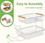2 Tier Fruit Basket for Kitchen Counter with 2 Banana Hangers, Countertop Metal Fruit Bowl with Wooden Handle, Large Storage Stand for Vegetables, Snacks, Breads, Produce Storage – White