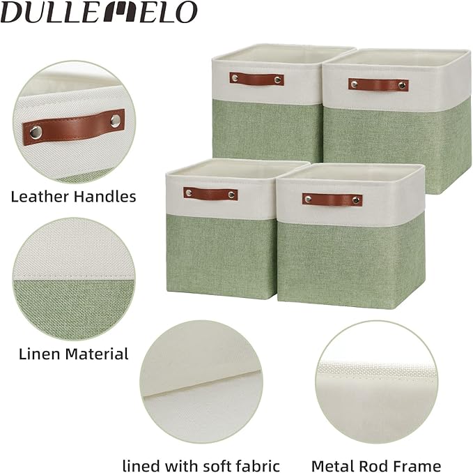 DULLEMELO Storage Baskets for Organizing, Fabric Storage Cubes for Dog Toy Box, 11 Inch Decorative Cube Storage Bins with handle for Baby Gift Basket(4 Pack - 11" White&Green)