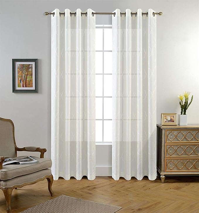 MIUCO Moroccan Embroidered Semi Sheer Curtains Faux Linen Grommet Window Curtains for Bedroom Living Room 95 Inches Long 2 Panels, Pure White