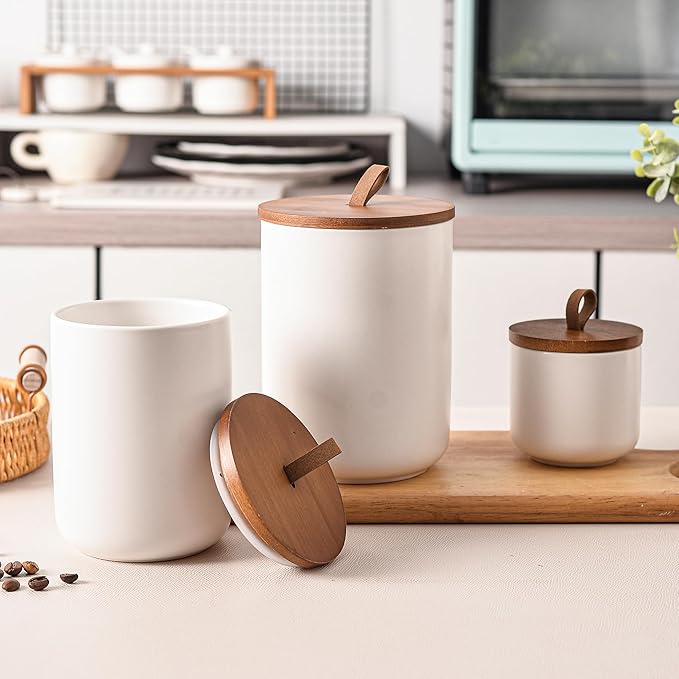 White Ceramic Canister Set with Bamboo Lids, 3-Piece Airtight Food Storage Jars for Kitchen - Flour, Sugar, Coffee, Tea, Spice - Small, Medium, Large Sizes