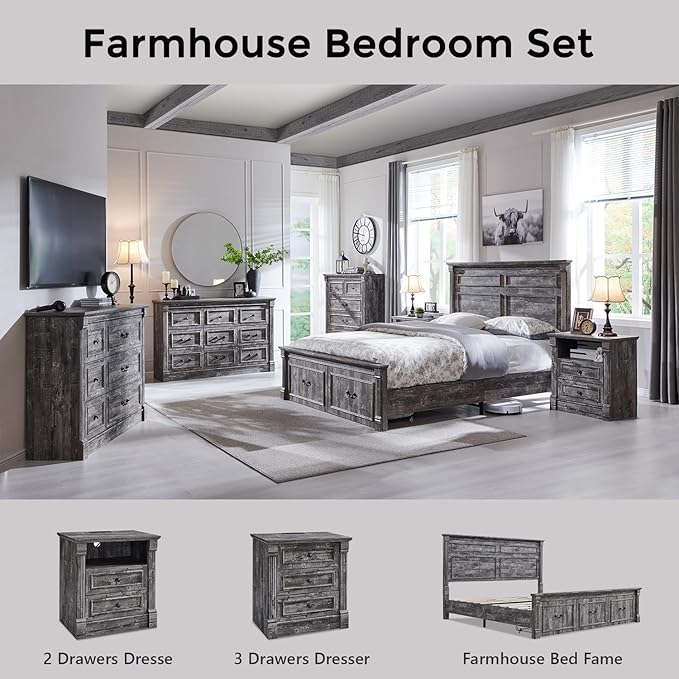 26" Tall Farmhouse Nightstand Set of 2, 2 Drawers End Table w/Charging Station, 23.6" Wide Large Side Table w/Roman Column, Wood Rustic Sofa Table w/Open Shelf, Bedside Table for Bedroom, Light Gray