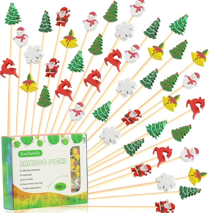 Christmas Cocktail Picks Toothpicks Fruit Dessert Sticks Food Sandwich Appetizer Charcuterie Skewers for Xmas Tree Snowman Elk Snowflake Christmas Decorations Themed Party Supplies, 5", 100 Count