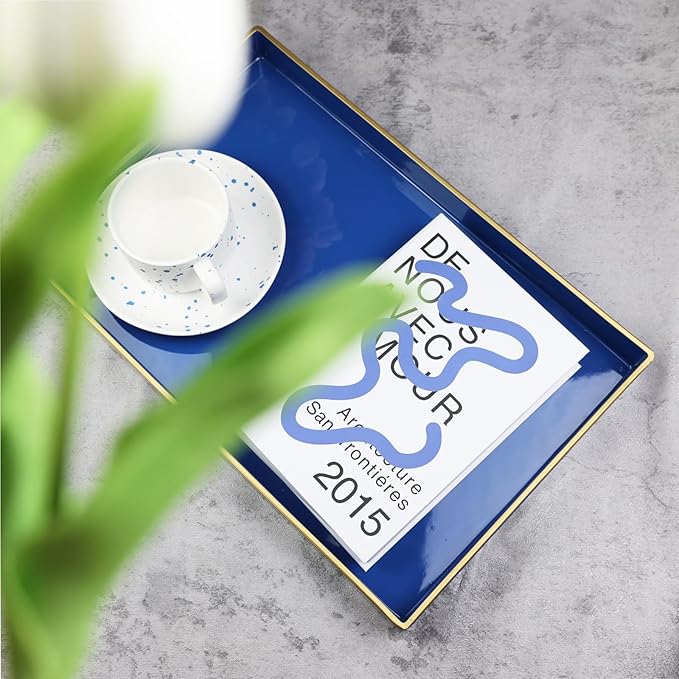 Spsyrine Blue Decorative Serving Tray with Handles, Elegant Plastic Coffee Table Tray for Ottoman, Living Room, Home Decor 15.6" X 10.2"