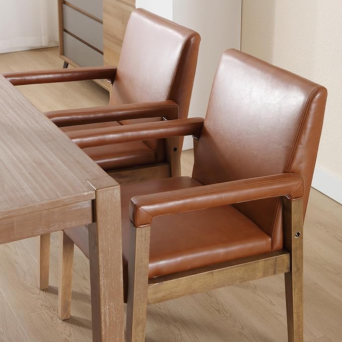 Kmax Modern Dining Chairs Set of 2 Faux Leather Kitchen Arm Chairs Upholstered Accent Chairs with Wooden Legs for Dining Room, Living Room, Bedroom, Brown