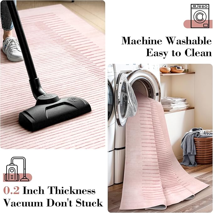 Wonnitar Striped Large Rugs for Living Room, Washable 9x12 Area Rugs for Bedroom, Non-Slip Soft Minimalist Pink Area Rug Throw Carpet for Nursery Playroom Guest Room (Pink,9' x 12')