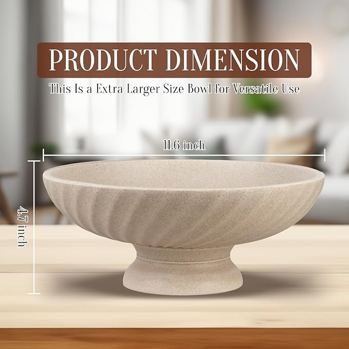 Large Resin Pedestal Decorative Bowl - Modern Fruit Bowl for Kitchen Counter - Handicraft Bowls for Home Decor - Key Bowl for Entry Table,Artificial Stone Beige