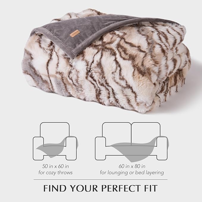 EVERGRACE Ultra Soft Luxury Fluffy Ridgeline Faux Rabbit Fur Throw Blanket, Thick Warm Bubble Throw for Bed, Cozy Plush Reversible Blankets for Couch, Chair, Sofa, Beige & Gray, 50x60 Inches, 870 GSM