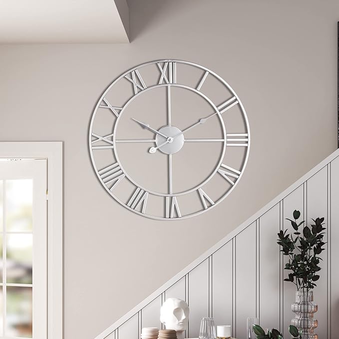 LEIKE 16" Modern Large Wall Clocks,Vintage, Round,Silent Non Ticking,Battery Operated,Silver Metal Roman Numerals Clock for Living Room/Bedroom/Kitchen Decor