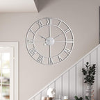 LEIKE 24" Modern Large Wall Clocks,Vintage, Round,Silent Non Ticking,Battery Operated,Silver Metal Roman Numerals Clock for Living Room/Bedroom/Kitchen Decor