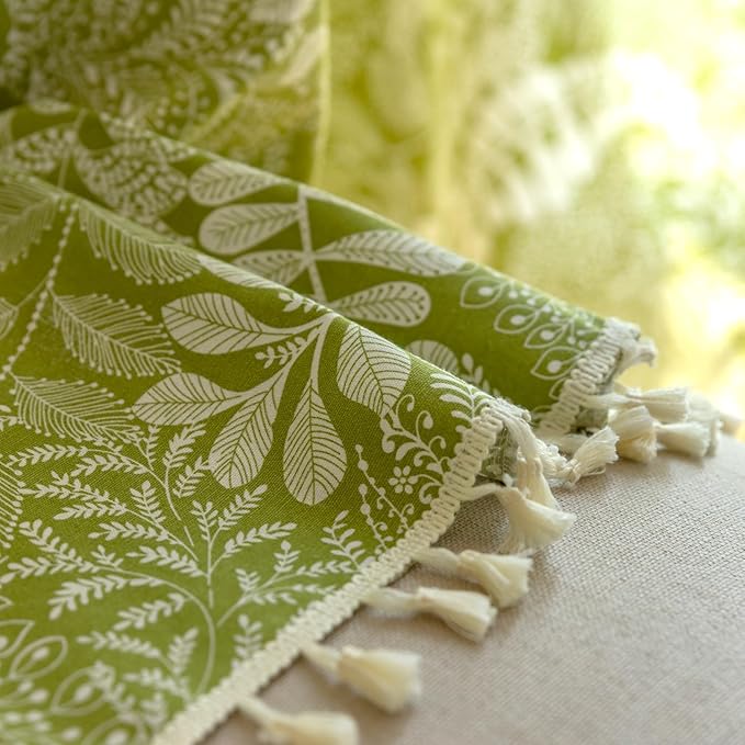 Sutuo Home Boho Curtains 84 Inches Length for Bedroom Living Room, Printed Cotton Linen Rod Pocket Rustic Farmhouse Bohemian Tassels Window Treatment, 1 Panel 59" W x 84" L, Green Botanic Leaves