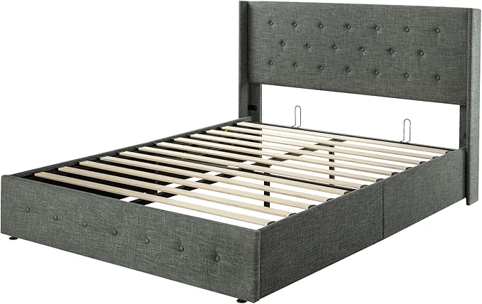 Allewie Queen Size Lift Up Storage Bed, Button Tufted Headboard with Wingback, Hydraulic Support, No Box Spring Needed, Dark Grey