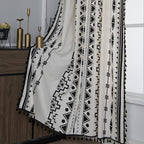 Sutuo Home Black and White Boho Curtain 84 Inches Length for Bedroom, Printed Cotton Linen Geometric Rod Pocket Chic Semi Blackout Bohemian Tassels Window Treatment, 1 Panel 59" W x 84" L