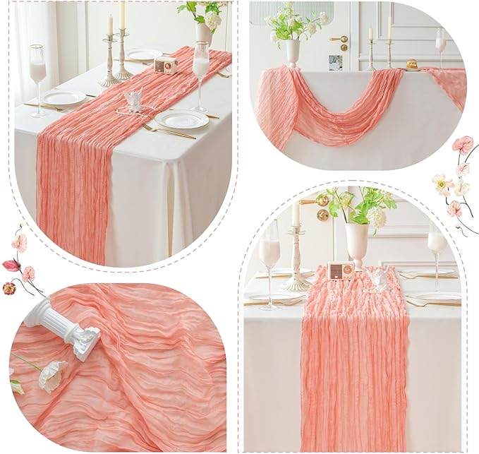 Sioloc 1 Pack Peach Coral Cheesecloth Table Runner Fall Autumn Decor for Home 10ft Table Cloth for Tea Wedding Birthday Party Baby Bridal Shower Halloween Thanksgiving