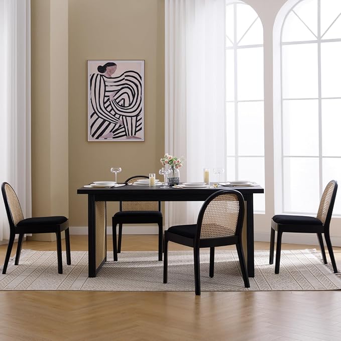 Mid Century Dining Chairs Set of 2, Accent Rattan Sherpa Fabric Side Chairs Kitchen Chair with Solid Wooden Legs for Living Room Dining Room, Black
